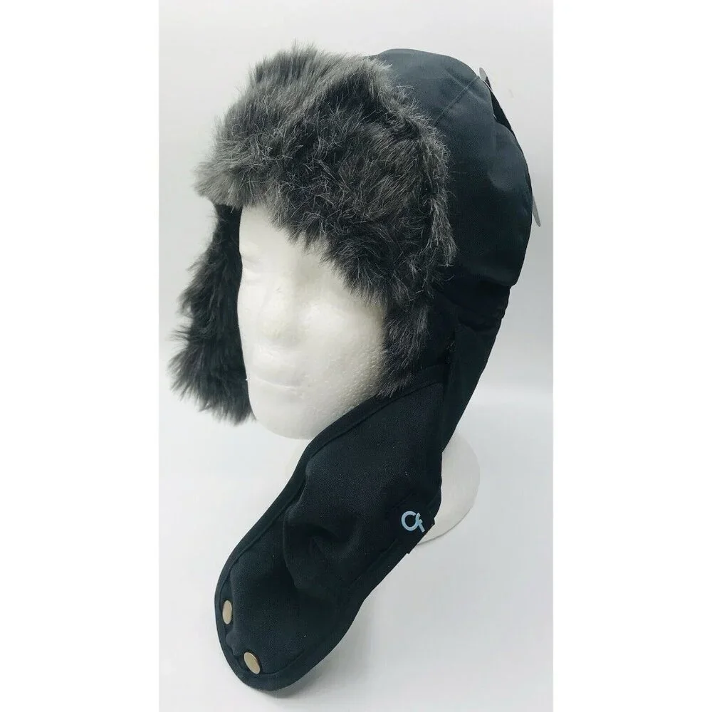 Cold Front Winter Hat Boys Size 8-16 Black Gray Faux Fur Mouth Cover Fleece Line